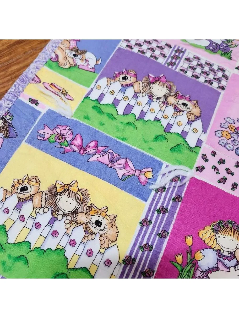 Adorable Handmade Girls with Cats and Teddy Bears Garden Country Prints Quilt